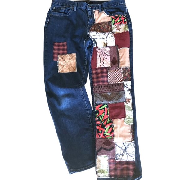 Upcycled Southwest Patchwork Jeans, Women’s 12P: Handmade Aztec Tribal Patches - Picture 1 of 12